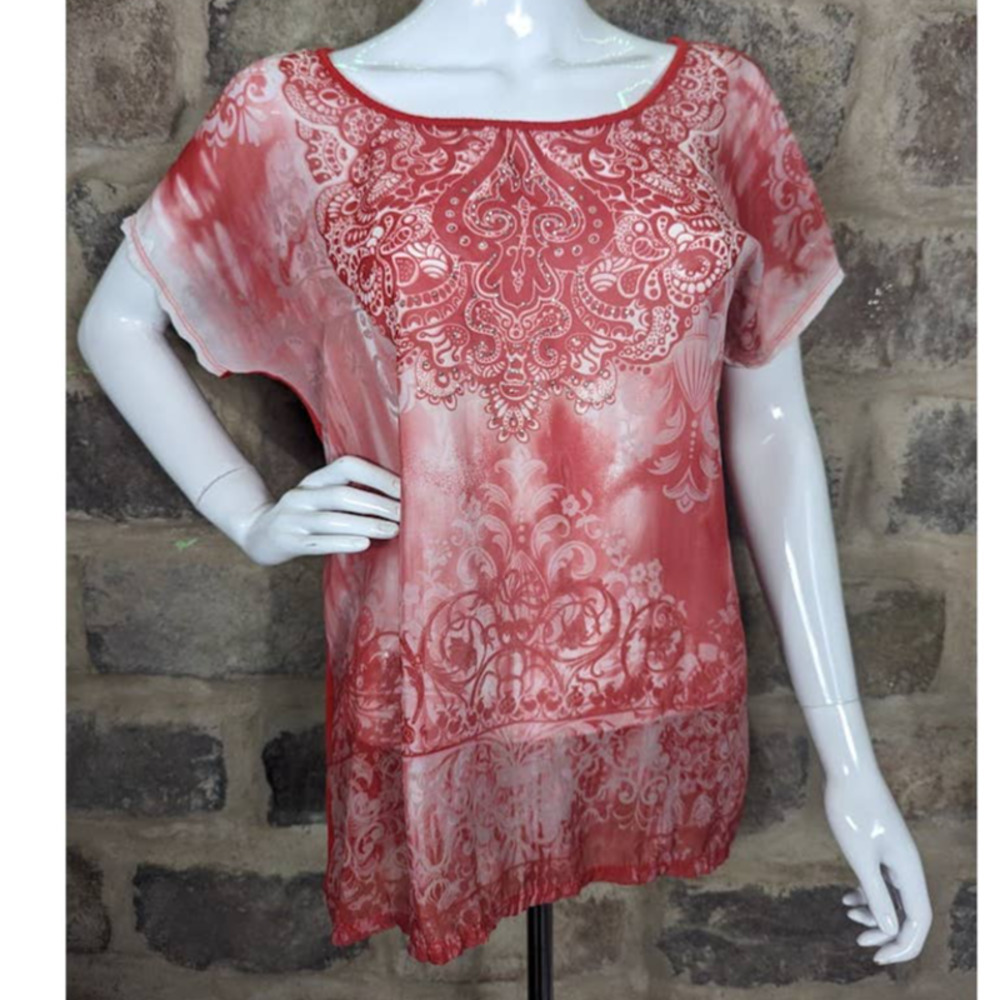 MEL And Mo Blouse‎ Woman's Size Medium Orange White Design Short Sleeve